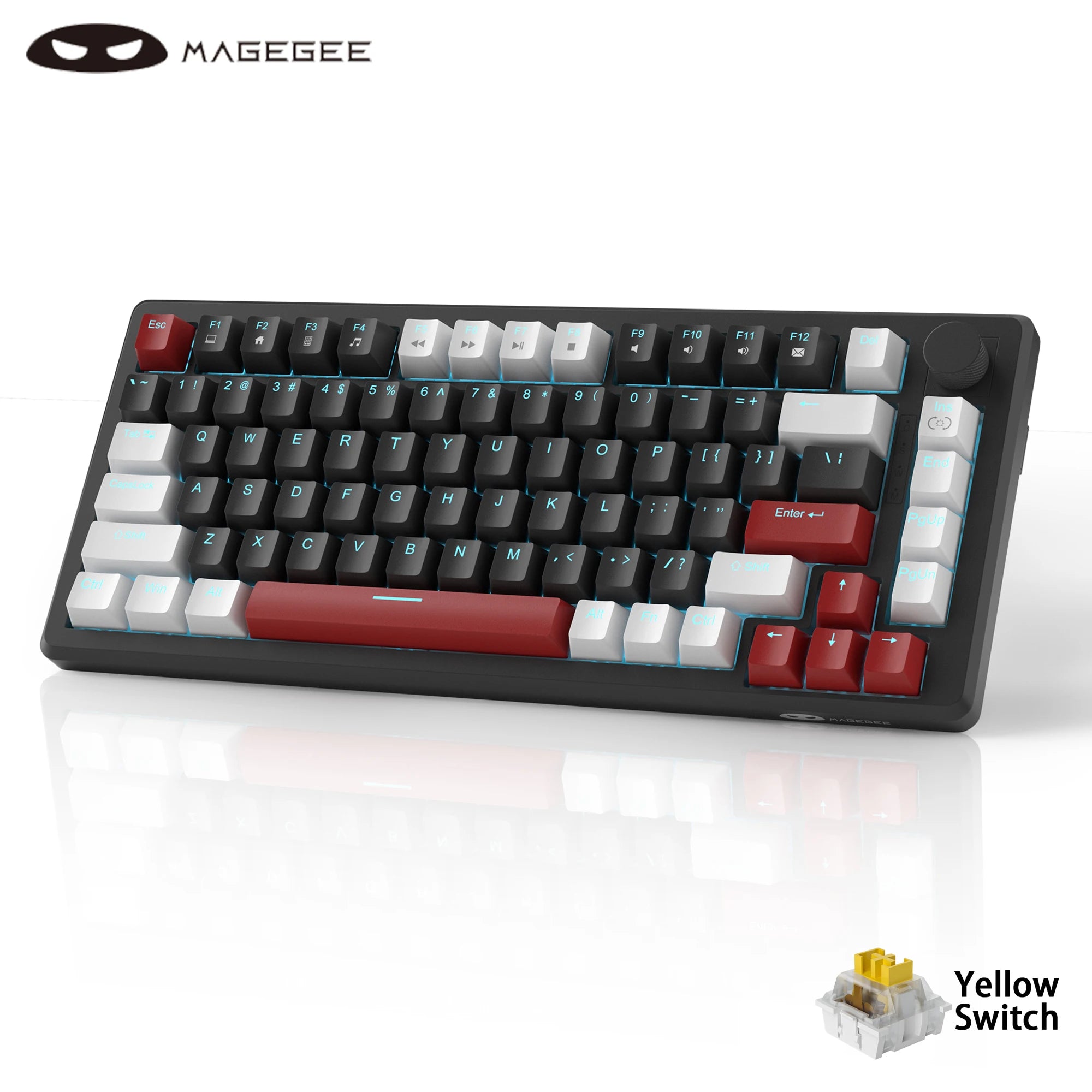 Keyboard Gaming MageGee 75% Mechanical  with Knob Control, Blue Backlit Wired Gaming Keyboard Red/Yellow Switch for PC Windows