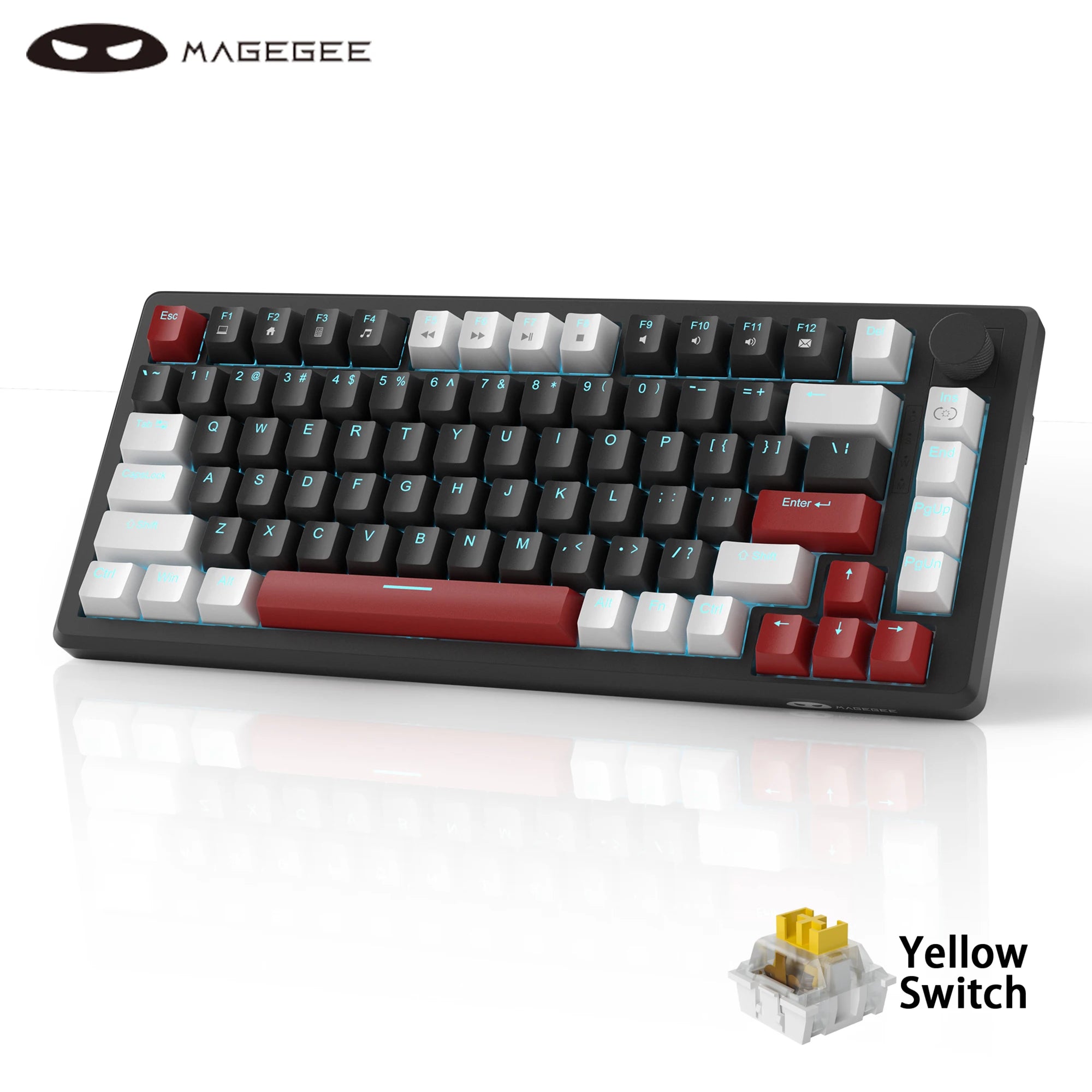 Keyboard Gaming MageGee 75% Mechanical  with Knob Control, Blue Backlit Wired Gaming Keyboard Red/Yellow Switch for PC Windows