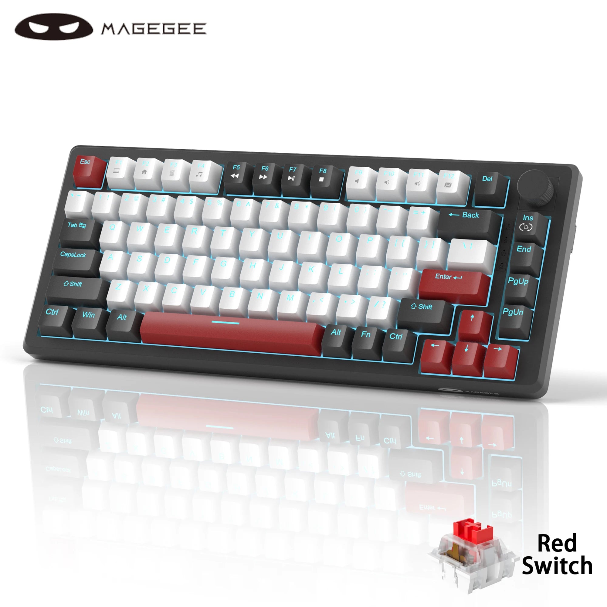 Keyboard Gaming MageGee 75% Mechanical  with Knob Control, Blue Backlit Wired Gaming Keyboard Red/Yellow Switch for PC Windows